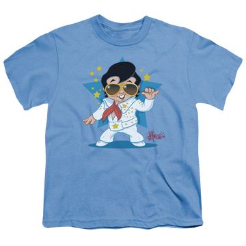 Carolina blue youth t-shirt for ages 8 to 12 with Elvis Presley Jumpsuit graphic