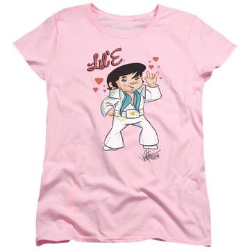 Pink women's t-shirt with Elvis Presley Lil E graphic