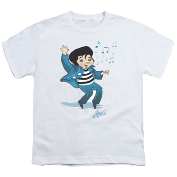 White youth t-shirt for ages 8 to 12 with Elvis Presley Lil Jailbird graphic