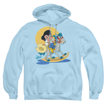 Light blue pullover hoodie with Elvis Presley Yip E graphic