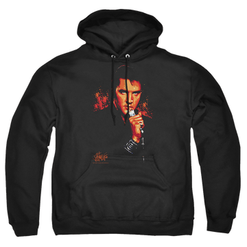 Black pullover hoodie with Elvis Presley Trouble graphic