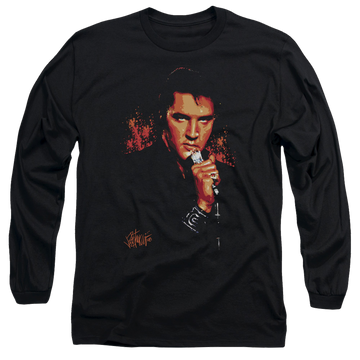 Black men's long sleeve t-shirt with Elvis Presley Trouble graphic