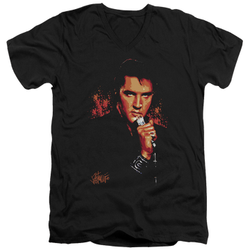Black men's v-neck t-shirt with Elvis Presley Trouble graphic