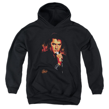 Black youth hoodie for ages 8 to 12 with Elvis Presley Trouble graphic