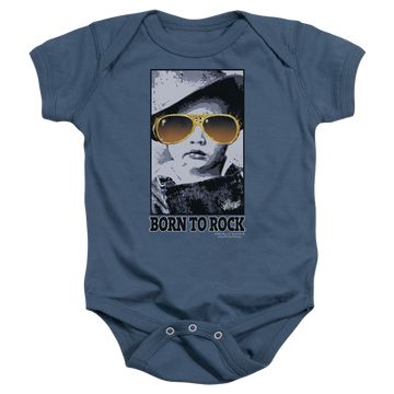 Indigo baby bodysuit with Elvis Presley Born To Rock graphic