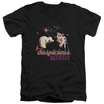 Black men's v-neck t-shirt with Elvis Presley Suspicious Minds graphic
