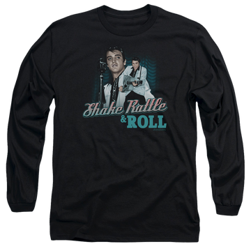 Black men's long sleeve t-shirt with Elvis Presley Shake Rattle & Roll graphic