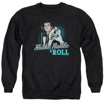 Black men's crewneck sweatshirt with Elvis Presley Shake Rattle & Roll graphic