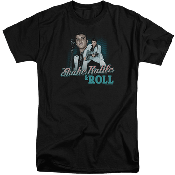 Black men's tall fit t-shirt with Elvis Presley Shake Rattle & Roll graphic