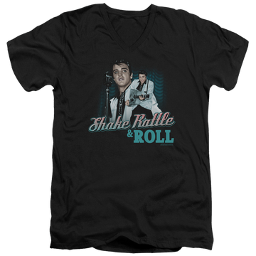 Black men's v-neck t-shirt with Elvis Presley Shake Rattle & Roll graphic