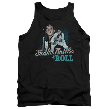 Black men's tank with Elvis Presley Shake Rattle & Roll graphic