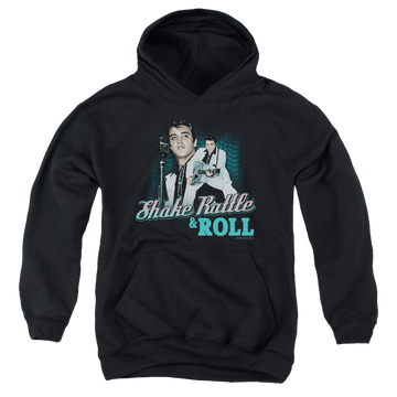Black youth hoodie for ages 8 to 12 with Elvis Presley Shake Rattle & Roll graphic