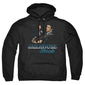 Black pullover hoodie with Elvis Presley Jailhouse Rock graphic