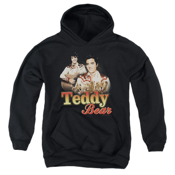 Black youth hoodie for ages 8 to 12 with Elvis Presley Teddy Bear graphic
