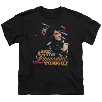 Black kid's t-shirt for ages 4 to 7 with Elvis Presley Are You Lonesome graphic