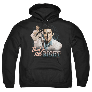 Black pullover hoodie with Elvis Presley Thats All Right graphic