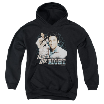 Black youth hoodie for ages 8 to 12 with Elvis Presley Thats All Right graphic
