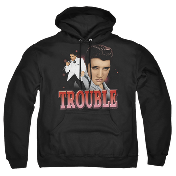 Black pullover hoodie with Elvis Presley Trouble graphic