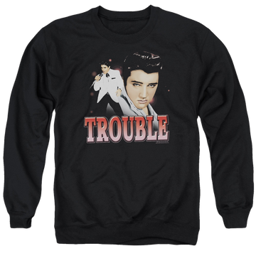 Black men's crewneck sweatshirt with Elvis Presley Trouble graphic