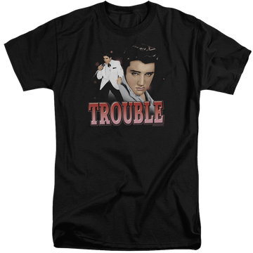 Black men's tall fit t-shirt with Elvis Presley Trouble graphic