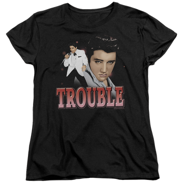 Black women's t-shirt with Elvis Presley Trouble graphic