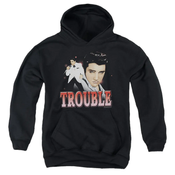 Black youth hoodie featuring colored graphic of Elvis Presley and the word "TROUBLE" in bold red letters.
