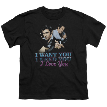 Black kid's t-shirt for ages 4 to 7 with Elvis Presley I Want You graphic