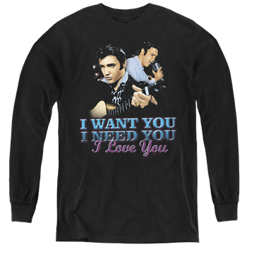 Black youth long sleeve t-shirt with Elvis Presley I Want You graphic