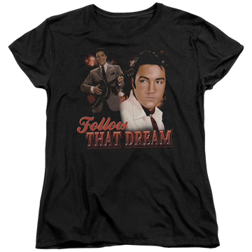 Black women's t-shirt with Elvis Presley Follow That Dream graphic