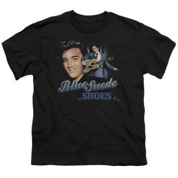 Black youth t-shirt for ages 8 to 12 with Elvis Presley Blue Suede Shoes graphic