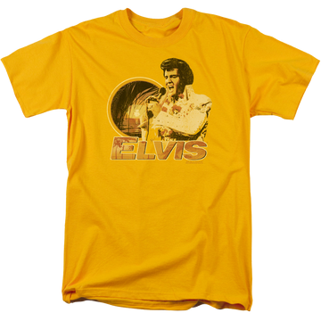 Gold men's regular fit t-shirt with Elvis Presley Singing Hawaii Style graphic