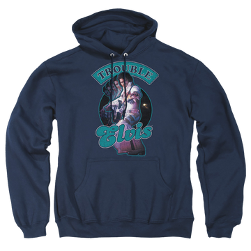 Navy pullover hoodie with Elvis Presley Total Trouble graphic