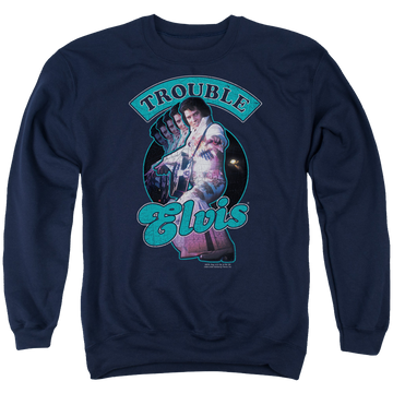 Navy men's crewneck sweatshirt with Elvis Presley Total Trouble graphic