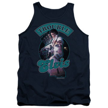 Navy men's tank with Elvis Presley Total Trouble graphic