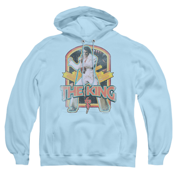 Light blue pullover hoodie with Elvis Presley Distressed King graphic