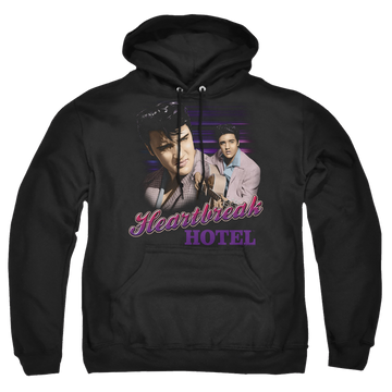 Black pullover hoodie with Elvis Presley Heartbreak Hotel graphic