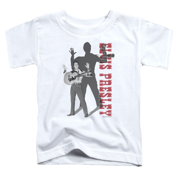 White kid's t-shirt for ages 4 to 7 with Elvis Presley Look No Hands graphic