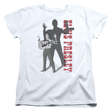White women's t-shirt with Elvis Presley Look No Hands graphic