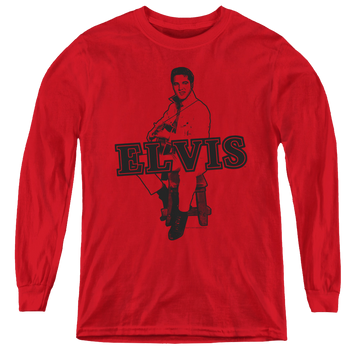 Red youth long sleeve t-shirt with Elvis Presley Jamming graphic