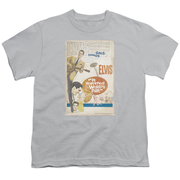 Silver youth t-shirt for ages 8 to 12 with Elvis Presley World Fair Poster graphic
