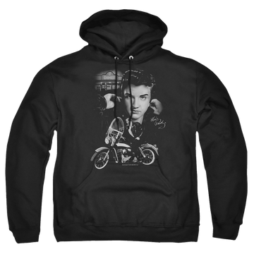 Black pullover hoodie with Elvis Presley The King Rides Again graphic