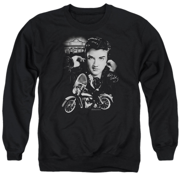 Black men's crewneck sweatshirt with Elvis Presley The King Rides Again graphic