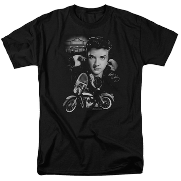Black men's regular fit t-shirt with Elvis Presley The King Rides Again graphic