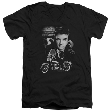 Black men's v-neck t-shirt with Elvis Presley The King Rides Again graphic