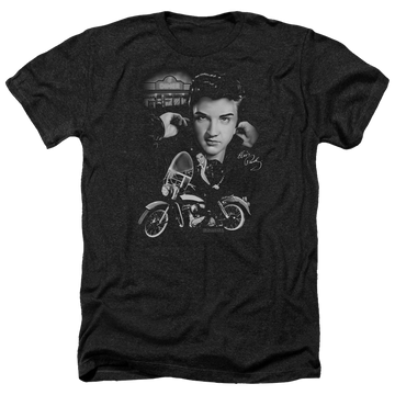 Charcoal men's heather t-shirt with Elvis Presley The King Rides Again graphic