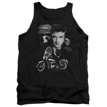 Black men's tank with Elvis Presley The King Rides Again graphic