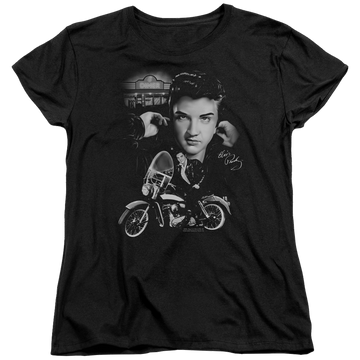 Black women's t-shirt with Elvis Presley The King Rides Again graphic