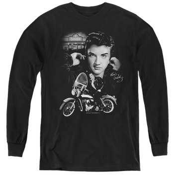 Black youth long sleeve t-shirt with Elvis Presley The King Rides Again graphic