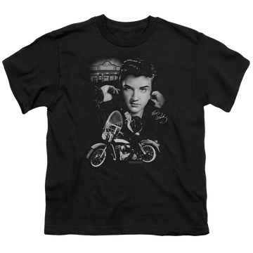 Black youth t-shirt for ages 8 to 12 with Elvis Presley The King Rides Again graphic