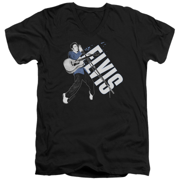Black men's v-neck t-shirt with Elvis Presley On His Toes graphic